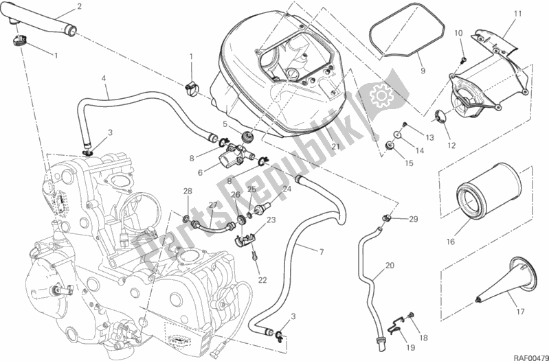 All parts for the Air Intake - Oil Breather of the Ducati Hypermotard USA 821 2015